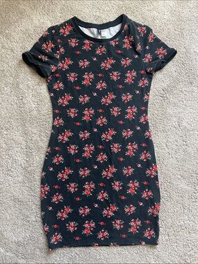 H&M Black Mini Dress with Red Floral Print
